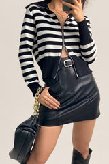 Black And White Striped Wool-Blend Collared Zip-Up Cardigan