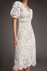 White Lace Overlay V-Neck Rhinestone Detail Midi Dress