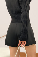 Black Plunge V-Neck Ribbed Knit Cardigan