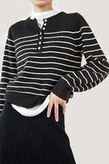 Black Wool-Blend Half-Button Striped Sweater