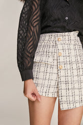 Ivory Tweed High Rise Button Detail Asymmetric Shorts