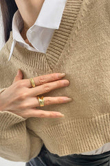 Tan V-Neck Ribbed Trim Cropped Sweater