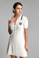 Ivory Embroidered Patch Polo Rib-Knit Dress