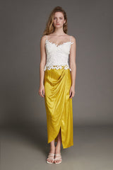 Yellow Jacquard Ruched Wrap Maxi Skirt