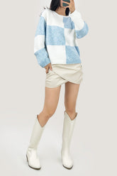 Light Sky Blue Cozy Crew Neck Plaid Sweater