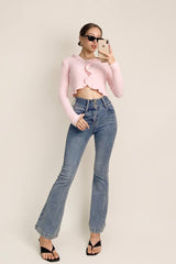 Pink Ruffle Trim Ribbed Knit Fitted Cardigan