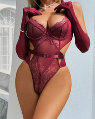 Lace Mesh Shaping Cutout Bodysuit with Gloves