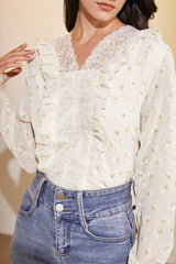 Ivory Floral Print Lace-Detail Chiffon Blouse