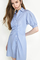 Light Sky Blue Pleat Detail Button Front Shirt Dress