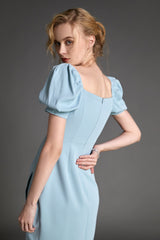 Light Blue Square Neck Puff Sleeve Mini Dress