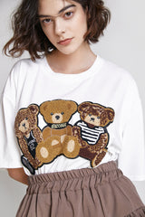 White Teddy Bear Embroidered T-Shirt