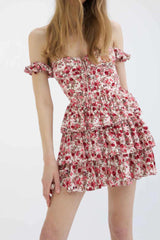 Pink Floral Print Tiered Bustier Mini Dress