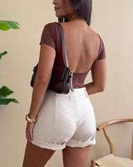 Women's Solid Color Backless Elastic Seamless Skin-Friendly Short Sleeve Top