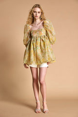 Lemon Chiffon Floral Print Puff Sleeve Babydoll Smock Mini Dress