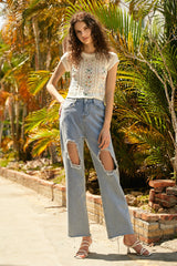 White Floral Embroidery Knitted Crop Top