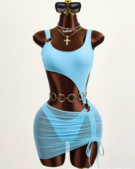 Sheer Mesh Backless Bikini with Cover-up Set