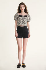 Beige Leaf Print Puff Sleeve Bow Detail Crop Top