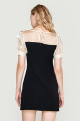 Black Draped Contrast Mesh Mini Dress