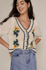 White Floral Embroidery Contrast Trim Cardigan