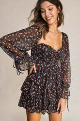 Black Floral Print Lace-Up Long Sleeve Tiered Mini Dress
