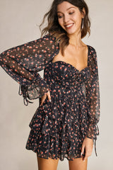 Black Floral Print Lace-Up Long Sleeve Tiered Mini Dress