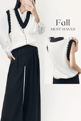 Ivory Color Block Contrast Stitch Ribbed Knit Sweater Vest