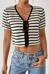 Best Essence Striped Tie-Front Knit Top