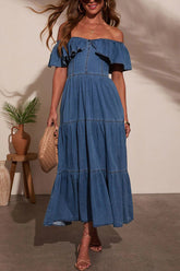 Laylie Medium Wash Denim Off Shoulder Maxi Dress