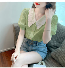 Wellesley Lace Vintage Neck Green Blouse