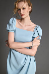 Light Blue Square Neck Puff Sleeve Mini Dress