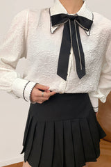 White Textured Bow Neck Balloon Sleeve Shirt