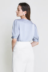 Light Steel Blue Surplice Neck Ruched Blouse