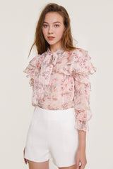 Pink Floral Print Tie Neck Ruffled Chiffon Blouse