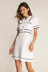 White Contrast Trim Collared Knitted Mini Dress