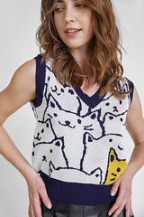 Midnight Blue Cat Print Knitted Vest