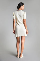 Ivory Embroidered Patch Polo Rib-Knit Dress