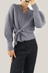Grey Ribbed Knit Wrap Tie Side Cardigan