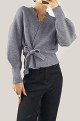 Grey Ribbed Knit Wrap Tie Side Cardigan