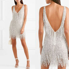 Feather Fringe Sequin Spaghetti Strap Dress
