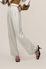 White Pleat Detail Wide Leg Work Pants