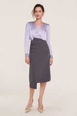 Light Steel Blue V-Neck Long Sleeve Satin Work Blouse