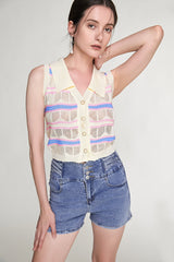 Ivory Striped Button-Up Knitted Collar Vest