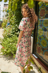 Pink Floral Print Smocked Waist Puff Sleeve Midi Dress