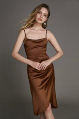 Saddle Brown Cowl Neck Pleat Detail High-Low Midi Dress