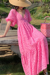 Hot Pink V Neck Balloon Sleeve Eyelet Maxi Dress