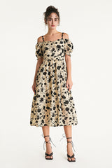 Beige Off-the-Shoulder Velvet Floral Midi Dress