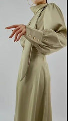 Dark Khaki Satin Ballon Sleeve Blouse