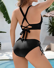 Beach Vacation V-neck Halter Neck Cutout Bikini Swimsuit