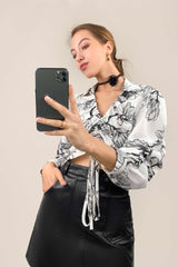 White Floral Print Ruched Drawstring Satin Blouse