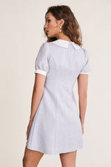Light Blue Collared Button Detail A-Line Tweed Mini Dress